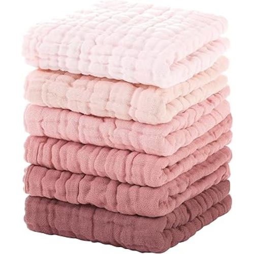 Muslin Burp Cloths Baby 12''X12'',Baby Washcloths 6 Pack, 100% Cotton Baby Wash Cloths Absorbent And Soft For Newborn Infants Kids Boys Girls Pink