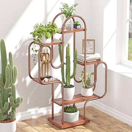 Allinside Cactus Corner Bookshelf, 6 Tiers Multipurpose Plant Stand, Heavy-Duty Metal Corner Shelf, Creative Tall Display Rack, Rustic Bookcase for Living Room, Bedroom, Home Office and Balcony