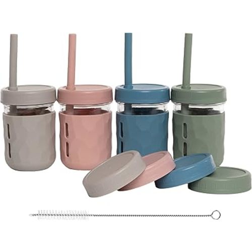 WeeSprout Glass Cups With Lids & Straws, Spill-Resistant Smoothie Cups for Toddlers & Kids, Baby Food Storage & Snack Jars, XL Silicone Straws, Easy-Grip Sleeves, 8 oz, Set of 4