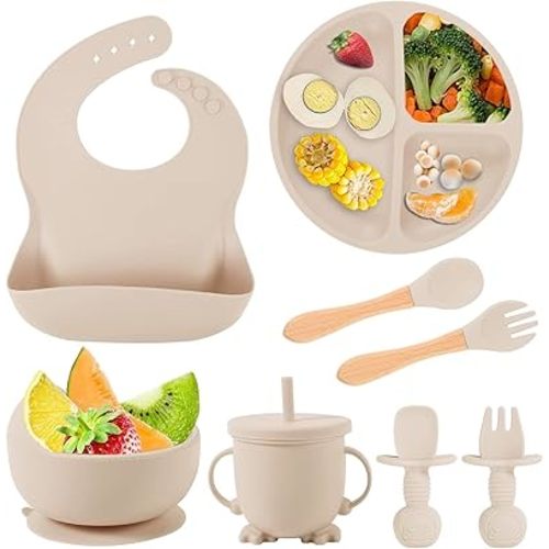 Silicone Baby Feeding Set, Baby Led Weaning Supplies with Suction Bowl Divided Plate, Toddler Self Feeding Dish Set with Spoons Forks Sippy Cup Adjustable Bib, Baby Eating Utensils(Beige)