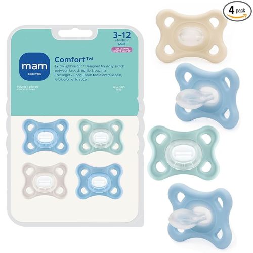 MAM Comfort Baby Pacifiers 3-12 Months Babies, Lightweight One-Piece Full Silicone Binky, BPA-Free Nipple, Easy to Clean Pacifier, Best for Breastfed Babies, 4 Pack, Made in Europe