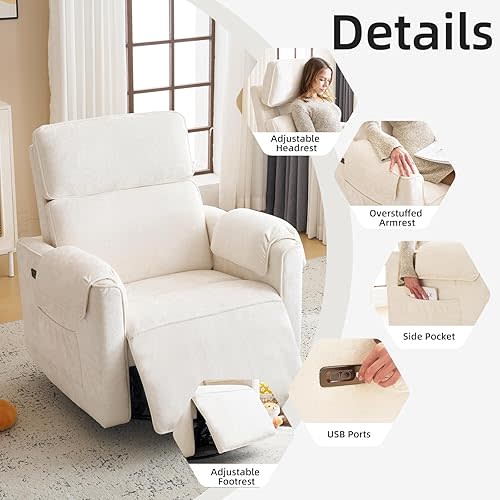 Oversized Power Recliner Chair, 26" Extra Wide Swivel Rocker Recliner with Adjustable Headrest, Chenille Glider Rocking Nursery Chair with Overstuffed Armrest, USB Ports, Cream