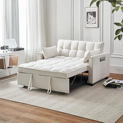 54.8'' Sleeper Sofa Bed 3-in-1 Convertible Couch with Pullout Bed, Reclining Backrest, Storage Pockets – Modern Space Lounge Furniture for Living Room, Includes Toss Pillows,Beige
