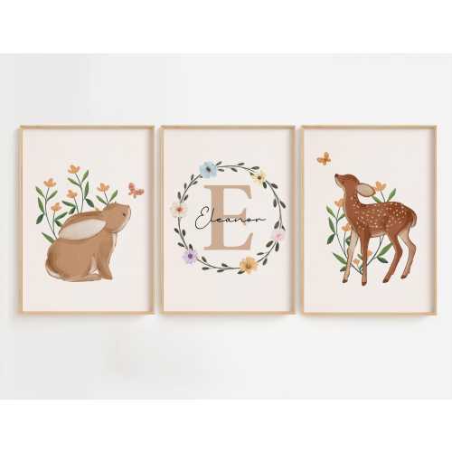 Woodland Nursery Prints, Baby Girl Nursery, Set of 3 Prints, Girls Bedroom Prints, Wildflower Print, Girls Wall Art, Forest Playroom Decor