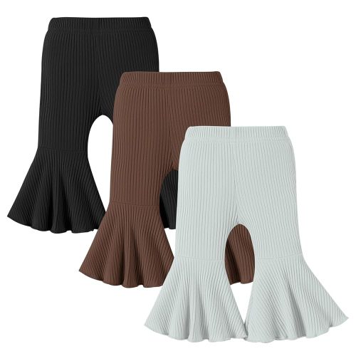 DREAM BUS 3 Pack Baby Girl Pants Toddler Leggings Solid Ribbed Cotton Baby Girls Flare Pants Toddler Bell Bottoms