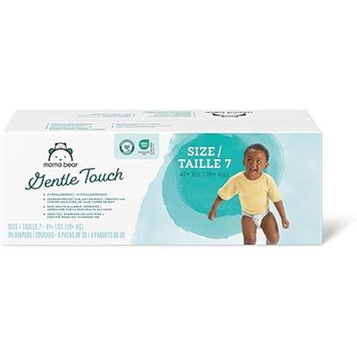Amazon Brand - Mama Bear Gentle Touch Diapers, Hypoallergenic, Size 7, 80 Count (4 packs of 20), White