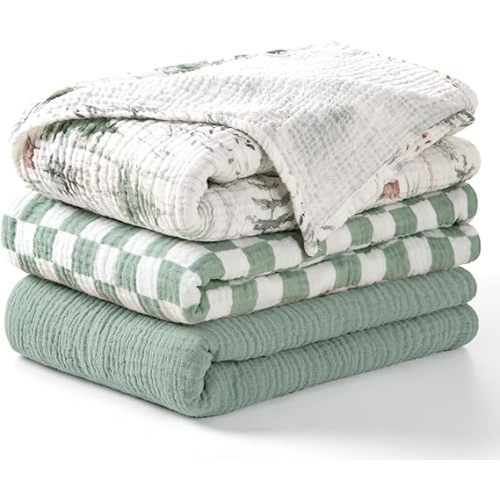 lulumoon Muslin Swaddle Blankets for Baby: Lightweight & Breathable Receiving Blankets for Hospital - Neutral Registry Gift for Newborn 3pack (Sage Foreststump)