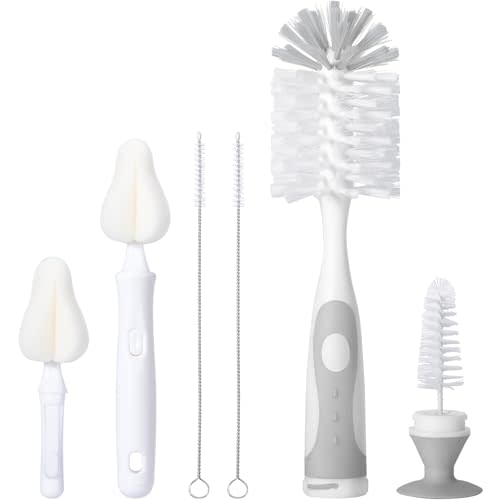 CAREBABYMORE Baby Bottle Brush Set with Nipple Cleaner and Suction, 10.2" Cleaning Brush and 6.5" Sponge Bottle Brush with A Replacement Brush Head and Two 6.7" Straw Brushes, Pack of 5 (Gray)