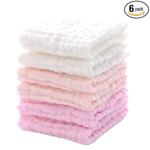 MUKIN Baby Washcloths and Burp Cloths, Soft Absorbent Towels for Newborns, 6 Pack, 12x12 Inches (Pink)