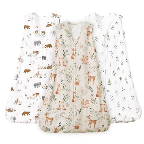 PHF Baby Sleep Sack 6-12 Months 3 Pack 100% Cotton Baby Wearable Blanket, 2-Way Zipper 0.5 TOG Toddler Sleeping Sack, Comfy Sleep Bag for Baby Boys Girls, Woodland&Animal (Medium)