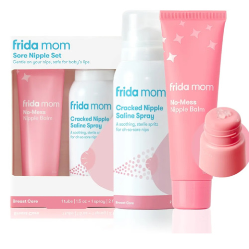 Frida Mom Nipple Cream and Saline Spray Set, Breastfeeding Essentials for New Moms, Cracked Nipple Saline Spray and No-Mess Cream, 2pc Set