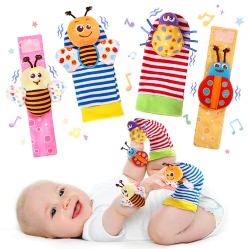PADONISE Baby Wrist Rattle Socks and Foot Finder Set Baby Rattles Toys for 0-12 Month, Infant Girl Boy Toys for Babies 3-6 Months, Newborn Hand & Foot Toys for 0 to 9 Months, Baby Easter Gifts
