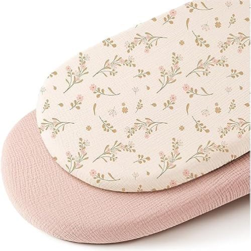Muslin Bassinet Sheets for Baby Girl Boy, 2 Pack Soft Breathable Baby Bassinet Mattress Sheets Fit for Hourglass Oval Cradle, Moses Basket Rectangle Mattress (Floral, Pink)