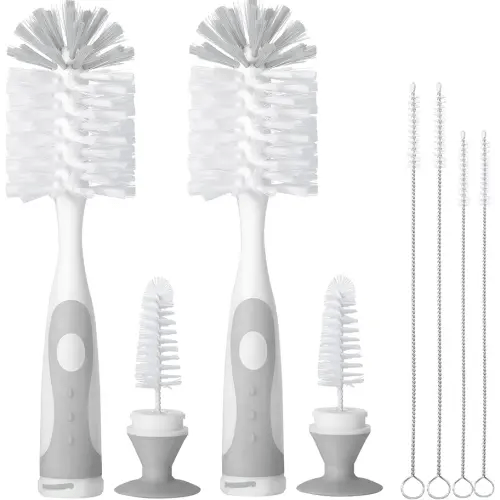 2 Pack Baby Bottle Brush with 4 Pack Straw Brushes, 10.2" Nylon Brushe with Nipple Cleaner and Stand Suction Cup (Gray)