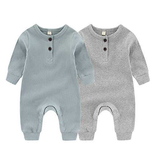ZAV Solid Unisex Baby Boy Girl Rompers 2 Pack Long Sleeve Jumpsuits Infants Clothes Outfits