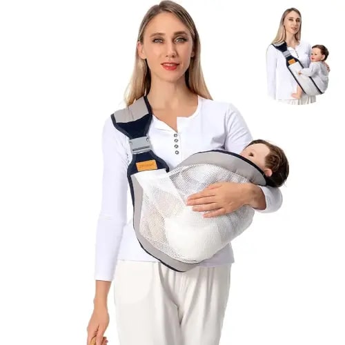 Baby Sling Carrier, Baby Carrier Newborn to Toddler(7-45lbs), Toddler Carrier with Safety Buckle, One Shoulder Adjustable Shoulder Strap, One Size Fits All, Mesh Grey