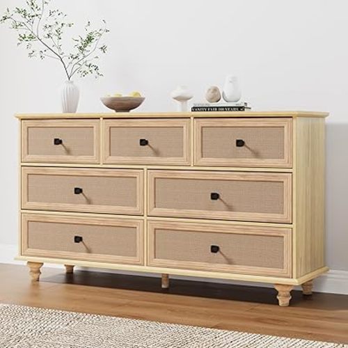 ORRD 7 Drawer Dresser for Bedroom, Mid Century Modern Wide Wood Rustic Chest of Drawers Wooden Storage Organizer Dressers with Burlap Rattan Drawers for Living Room, Hallway Closet, Entryway, Natural