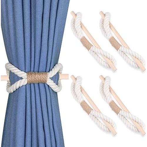 OCIOLI 4 Pieces Boho Curtain Tiebacks Curtain Holdbacks Handmade Curtain Tie Backs with Wood Club Cotton Rope Tie Backs Curtain Pull Backs Curtain Ties for Drapes (Beige Cotton Rope, 4)