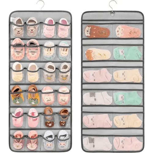 Dual-sided Hanging Baby Shoes Organizer Closet Toddler Shoe Storage Holder for Kids Bow Socks Underwear (GREY)