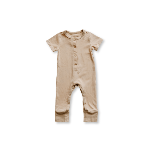 Short Sleeve Henley Romper | Khaki - ROBIN-riley