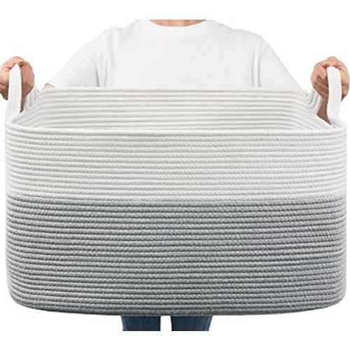 Goodpick Large Toy Storage Basket, 65L Grey Cotton Rope Basket Toy Storage Bin for Baby, Kids, Woven Storage Basket with Handle for Laundry, Living Room, Nursery, Bedroom, 21.6" x 14.9" x 11.8"
