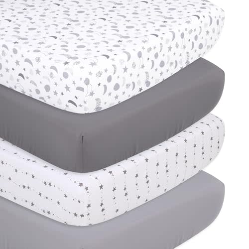 The Peanutshell 4-Pack Fitted Crib Sheet Set - Super Soft & Breathable Baby Girl or Boy Crib Sheets, Nursery Decor, Fit for Standard Mattress Cover- Celestial Moon & Stars