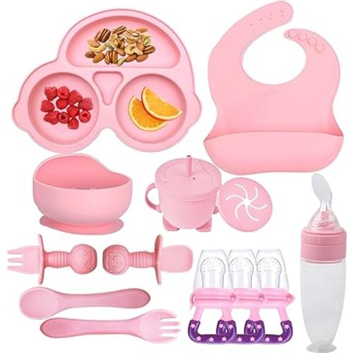 Silicone Baby Feeding Set,Miicasa Baby Led Weaning Supplies Kit With Suction Bowl & Car Plate, Bib, Spoon, Fork, Cup - Food-Grade Silicone, Dishwasher-Safe, No BPAs - For 3+ Months