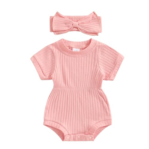 Summer Newborn Girl Outfit Baby Solid Color/Floral Short Sleeve Romper with Bow Headband Coming Home Clothes Set