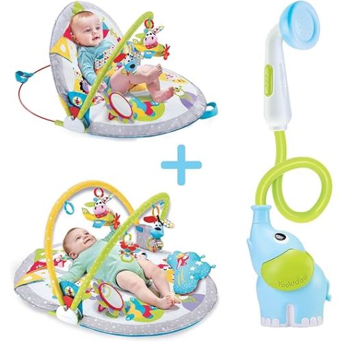 Yookidoo Baby Essentials Bundle: 3-in-1 Lay to Sit-Up Playmat and Elephant Bath Shower Head – Interactive, Developmental Baby Gym & Safe Newborn Bath Rinser Set for Infants and Toddlers