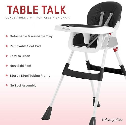 Dream On Me Portable 2-in-1 Tabletalk High Chair in Black, Three Adjustable Height Settings, Lightweight Portable High Chair, Easy to Clean and Removable Tray