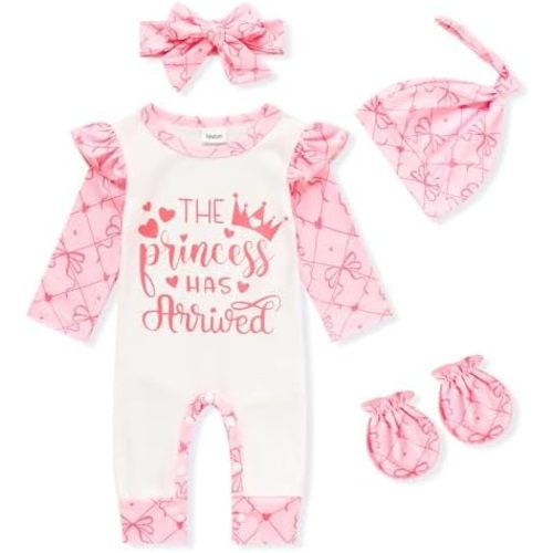 GRNSHTS Newborn Baby Girl Romper Infant Letter Print Jumpsuit Floral Bodysuit+Hat+Headband+Gloves Coming Home Clothes Outfits