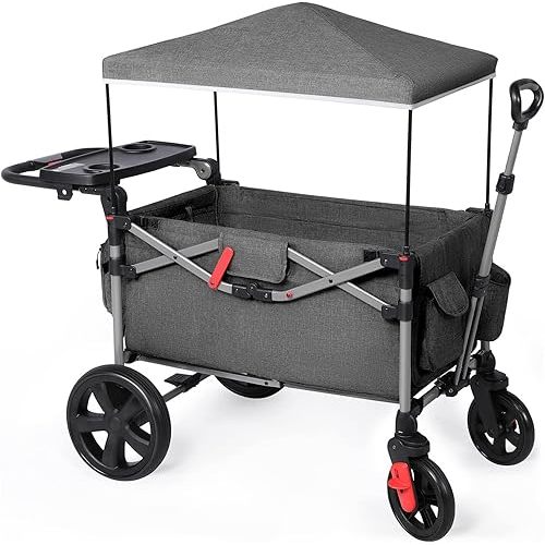 EVER ADVANCED Foldable Wagons for Two Kids & Cargo, Collapsible Folding Wagon Stroller with Adjustable Handle Bar,Removable Canopy with 5-Point Harness,Black