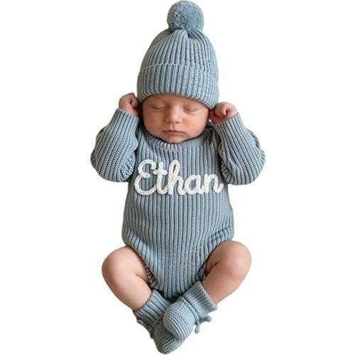Personalized Embroidered Baby Romper Set Cotton Newborn Coming Home Outfit Knit Sweater Gender Neutral Gift