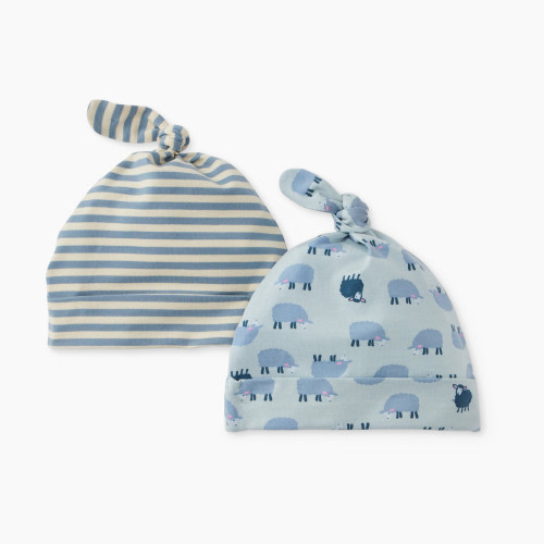 Hanna Andersson 2-Pack Baby Layette Top Knot Beanie in HannaSoft™ - Mini Lamb On Celestial Blue, 0-3 M