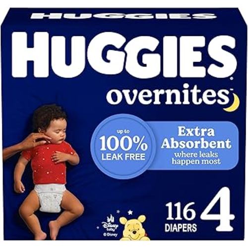 Huggies Size 4 Overnites Baby Diapers: Overnight Diapers, Size 4 (22-37 lbs), 116 Ct (2 Packs of 58), Packaging May Vary