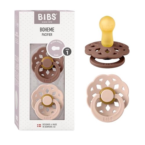 BIBS Pacifiers - Boheme Collection | BPA-Free Baby Pacifier | Made in Denmark | Set of 2 Woodchuck/Blush Color Premium Soothers | Size 0-6 Months - Size 1 | 0+ Month - Woodchuck / Blush