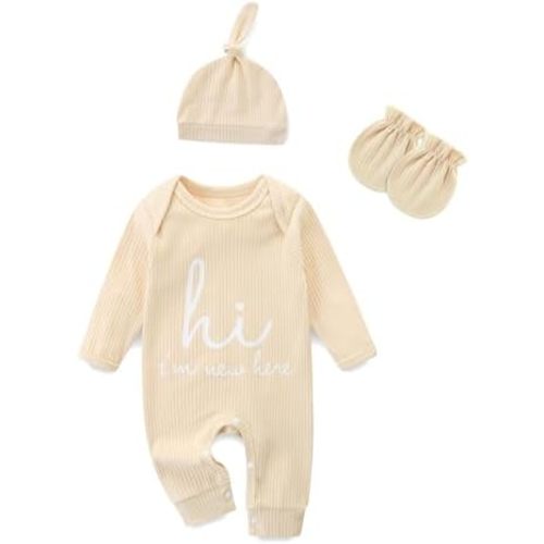 Newborn Girls and Boys Romper, Hi I’m New Here Long Sleeve Cotton Baby Clothes, Newborn Coming Home Outfit