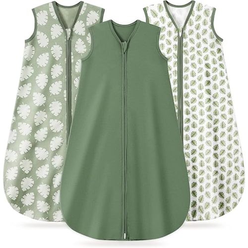 3 Pack Baby Sleep Sack 6-12 Months 100% Organic Cotton, 0.5 TOG Lightweight Wearable Blanket, 2-Way Zipper Sleeping Bag, Leaf＆Green