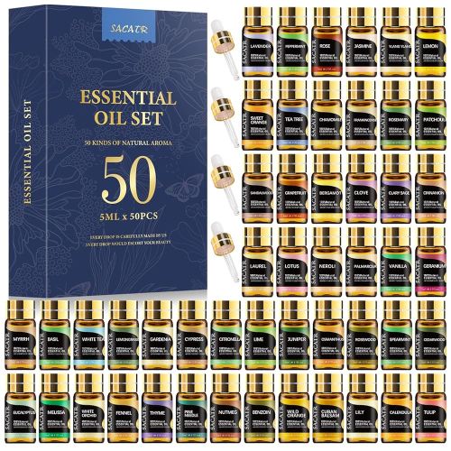 50 Pcs Essential Oils by SACATR Natural Essential Oil Set -Essential Oils Gift Set for Diffuser, Home Care, DIY Candle and Soap Making(50 * 5ML)