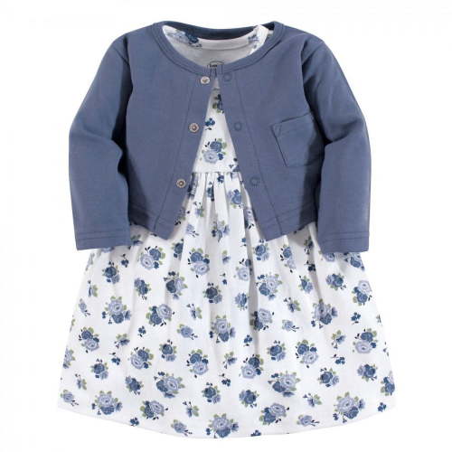 Luvable Friends Baby and Toddler Girl Dress and Cardigan 2pc Set, Blue Floral, 12-18 Months