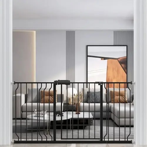 WAOWAO Baby Gate 57.48-62.60inch Extra Wide Pressure Mounted 58 59 60 61 62 Inches Walk Through Swing Auto Close Safety Black Metal Toddler Kids Child Dog Pet Puppy Cat for Stairs, Doorways, Kitchen