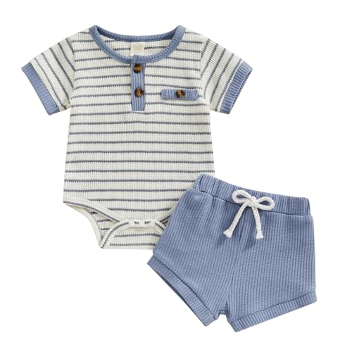 Kuriozud Newborn Baby Boy Summer Clothes Button Short Sleeve Romper Bodysuit Shorts Set Toddler Soft Waffle Outfit