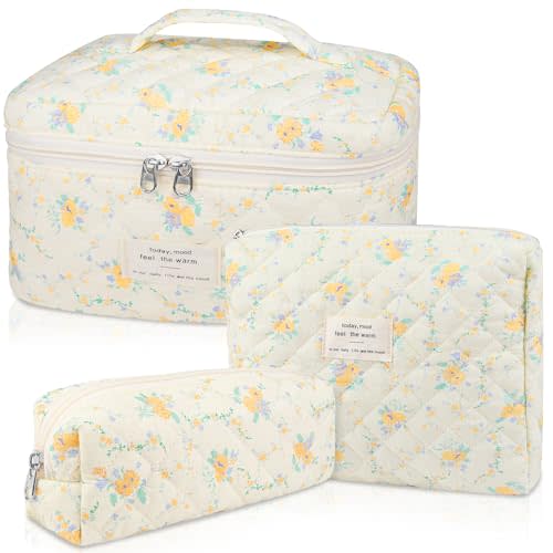 Gosect Quilted Makeup Bag Set, Large Floral Cosmetic Bag for Women, Cute Cotton Makeup Bag, Flower Travel Toiletry Organizer Bag (Yellow Daylily)