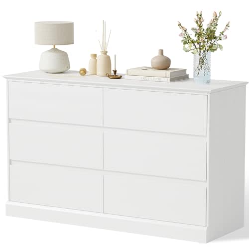 Seeday White Dresser, 6 Drawer Dresser for Bedroom, Modern Wooden Closet Dresser for Living Room, Entryway, or Hallway, White