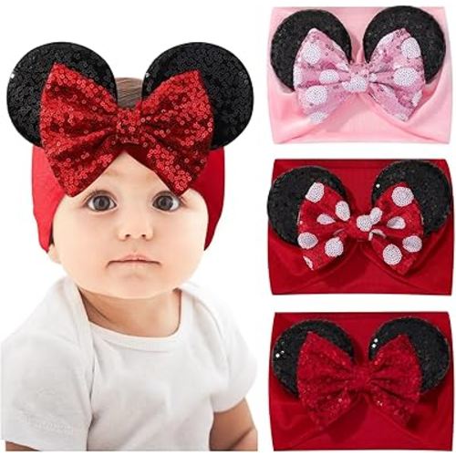 choicbaby 3 PCS 5 Inches Mouse Ears Sequin Bow Nylon Hairband with Polka Dot Cute Baby Headbands Soft Hairbands Hair Accessories for Newborn Infant Toddler Party Supplies