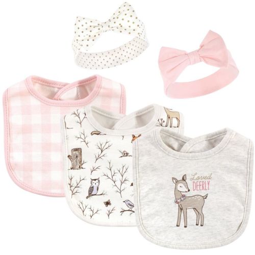 Hudson Baby Infant Girl Cotton Bib And Headband Set 5pk, Enchanted Forest, One Size
