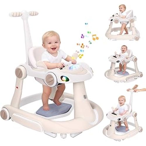Baby Walker with Wheels, 5-in-1 Foldable Infant Toddler Walker for Boys Girls 6-18 Month, Music Walker for Baby with Car Steering Wheel &Removable Footrest,Baby Push Walker Beige