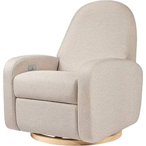 Babyletto Nami Electronic Power Recliner and Swivel Glider w/USB Port in Performance Beach Eco-Weave with Light Wood Base, Water Repellent & Stain Resistant, Greenguard Gold & CertiPUR-US Certified