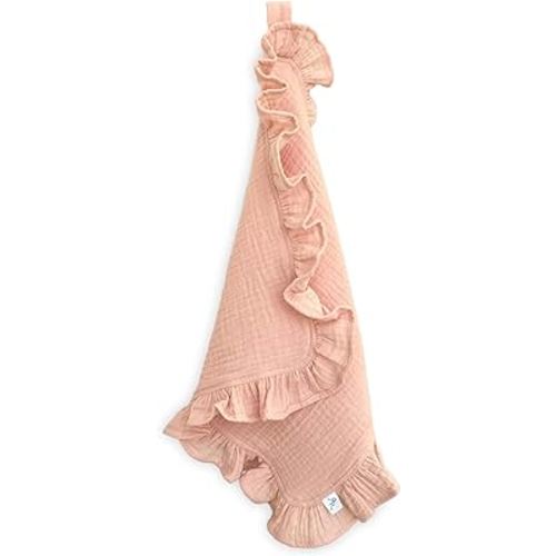 Ryan & Rose Cutie Lovey - Soft 100% Organic Cotton Muslin with Attachable Snap Closure - Loveys for Babies Newborn Baby Lovey Security Blankets for Babies Baby Blanket (Ruffle Peachy)