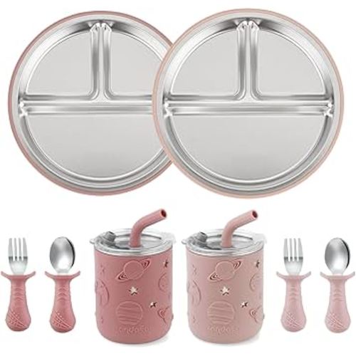 PandaEar Stainless Steel Baby Feeding Set | 2 Divided Suction Plates, 2 Spill-Proof Straw Cups with Silicone Sleeves, 2 Forks & 2 Spoons | Toddler Utensils for Baby Led Weaning, BPA-Free (Pink)